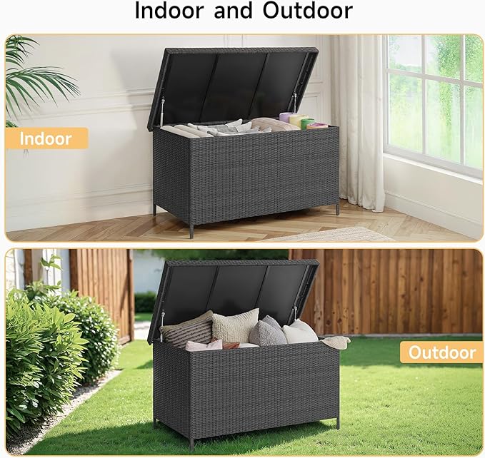 158 Gallon XL Deck Box with Lid, All Weather Wicker Outdoor Storage Box Waterproof, Large Outdoor Patio Storage Bin for Cushions, Garden Tools, Gears, Pool Accessories, Black-Ruum Studio Home