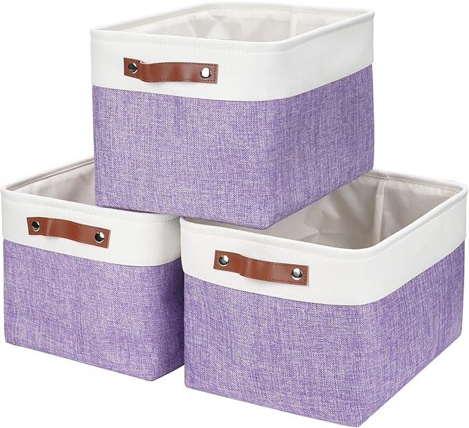 Storage Bins Large Fabric Storage Baskets for Shelves 3 Pack, Decorative Linen Closet Baskets with Handles for Organizing, Shelf, Clothes, Home, Office, 15x11x9.5Inches (Purple&White)-Ruum Studio Home