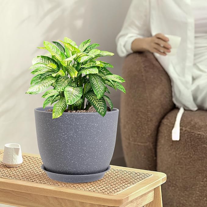 Flower Pots 9/8/7.5inch, Set of 3 Modern Decorative Plastic Planters with Drainage Holes and Saucers for Garden House Plants, Plant Pots for Indoor Outdoor Plants, Speckled Grey-Ruum Studio Home