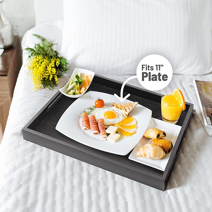 Wood Serving Tray with Handles, Home Decorative Wooden Rectangle Ottoman Decor Platter Vanity Tray for Breakfast Dinner Drinks Kitchen Dining Living Bathroom Restaurants Black-Ruum Studio Home