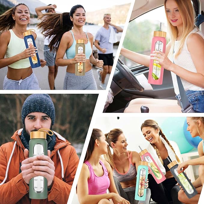 32 oz Glass Water Bottle with Straw - Motivational Time Marker & Silicone Sleeve - Reusable Tumbler Includes 2 Bamboo Lids & Fruit Infuser - 1 Pack-Ruum Studio Home