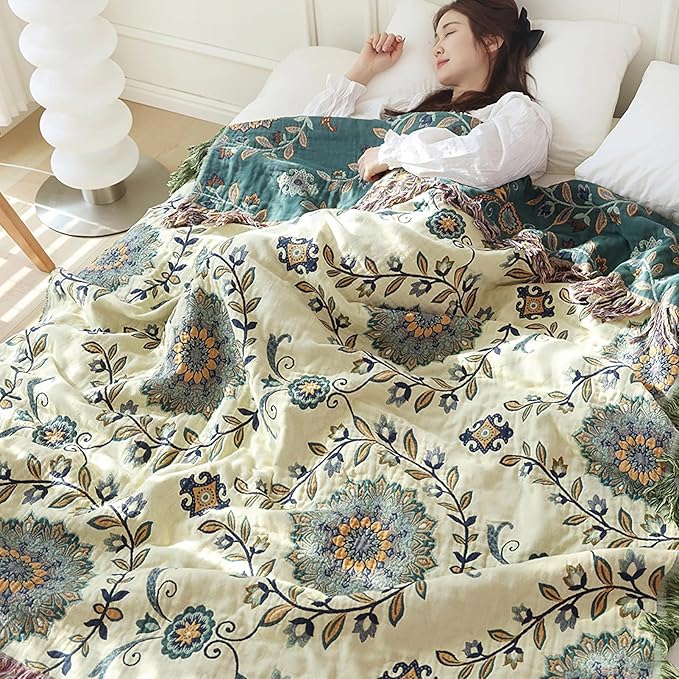 Snycler Boho Throw Blanket for Bed - 100% Cotton Ultra Soft Rustic Quilt - Blue Green Floral Printed Farmhouse Decor Bed Blankets, 80"×90" All Season Rustic Throw for Sofa Couch Chair-Ruum Studio Home