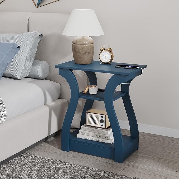 End Tables Living Room Set of 2,End Table with Charging Station and USB,Navy Blue Side Table, Nightstand for Bedroom,3 Tier End Table with Storage Shelf for Living Room Navy Blue-Ruum Studio Home