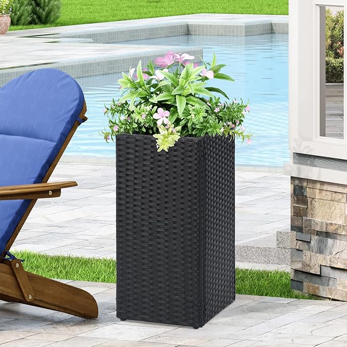 SUNNYPARK 2 Pack Tall Planters for Outdoor Plants Rattan Modern Tall Square Planter Box with Removable Liners Indoor Outdoor Porch Patio Flower Pot (12’’ x 12’’ x 24’’)-Ruum Studio Home