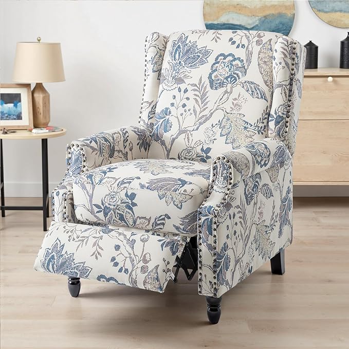 UIXE Floral Pushback Recliner Chairs Set of 2, Fabric Upholstered Armchair Push Back Accent Chair for Living Room, Rivet Trim Club Chair Home Theater Single Sofa Reading Seat - Blue Plants-Ruum Studio Home