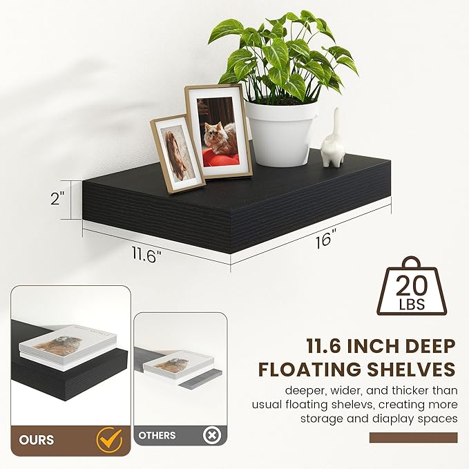 Black Deep Floating Shelves for Wall | 16 Inch Wide x 12 Inch Deep Floating Shelves Set of 2 | Rustic Wood Wide Wall Shelves | Bookshelf Laundry Shelf TV Shelf-Ruum Studio Home