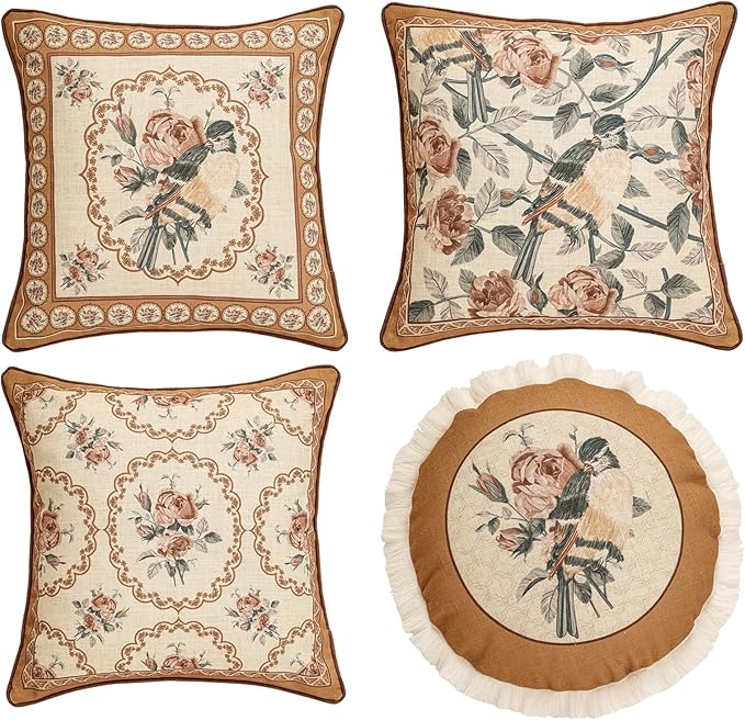 patdrea Designer Vintage Floral Throw Pillow Covers for Couch Set of 4,Brown Yellow Linen Pillowcases with Bird and Rose Pattern Decorative Cushion Cover for Bedroom Living Room Outdoor Car Cafe-Ruum Studio Home