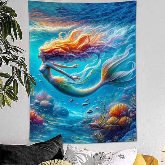 Mermaid Tapestry Ocean Tapestries Coastal Fabric Wall Hanging Aesthetic Space Indoor Outdoor Wall Art Tablecloth Bedspread Decoration for Girl’s Bedroom Dormitory Living Room Home Decor 40"x60"-Ruum Studio Home