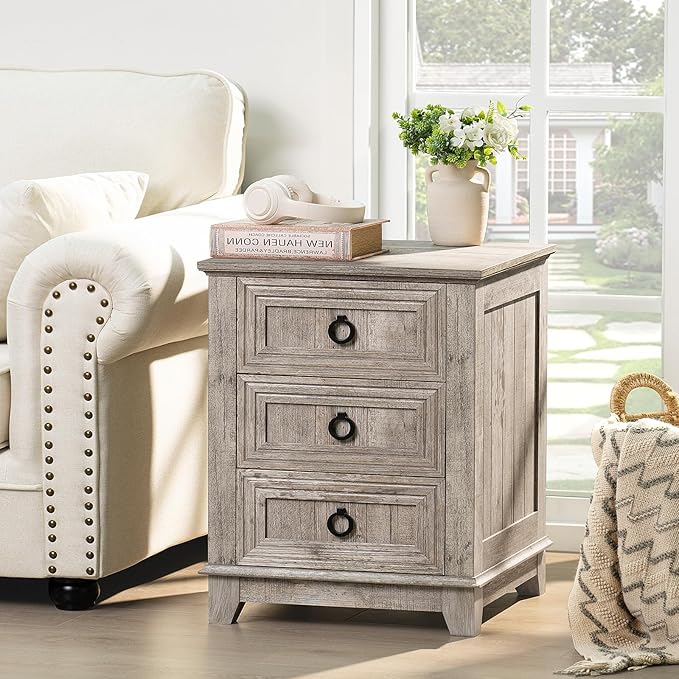 Farmhouse Night Stand Set of 2, 18" End Table with 3 Drawer Metal Handle, Dresser for Bedroom, Sofa Bed Side Table Chest of Drawers,Wood Nightstand Cabinet for Organizer, Living Room-Oak-Ruum Studio Home