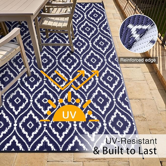 OLANLY Outdoor Rug 9x12 ft Waterproof, Outdoor Plastic Straw Rug with Geometric Pattern Clearance, Reversible RV Mat for Patio, Camping, Balcony, Deck, Backyard, Navy & White-Ruum Studio Home