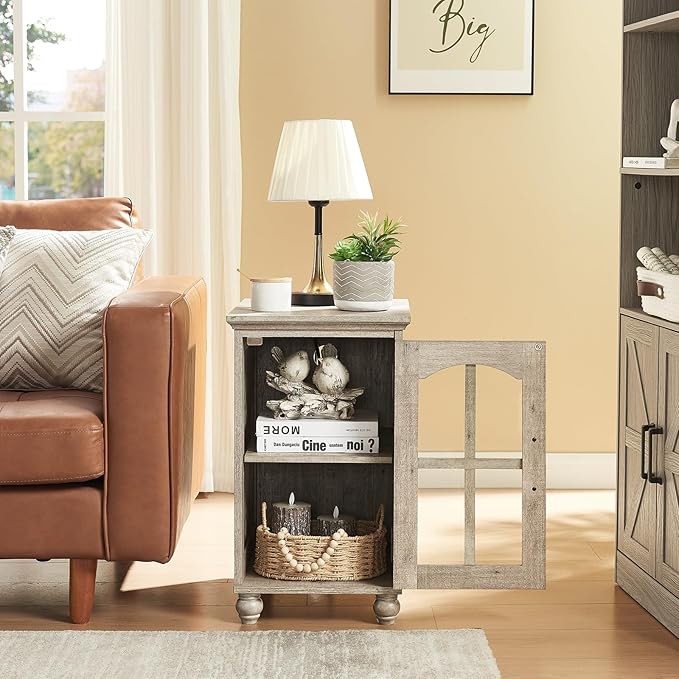 Narrow Side Table Set of 2,Farmhouse Nightstand with Charging Station,End Table with Glass Barn Door Storage, Cabinet Organizer with Adjustable Shelf, Night Stand for Small Spaces Living Room Bedroom-Ruum Studio Home