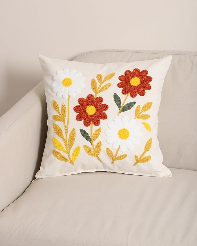 Throw Pillow Cover with Sunflower Embroidery – 18x18 inch Handmade Punch Needle Cushion – 100% Cotton Decorative Pillow for Couch, Bed or Living Room – Boho Floral Home Decor-Ruum Studio Home