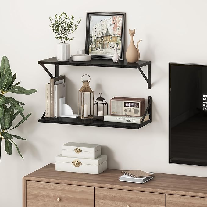 Deep Black Floating Shelves for Wall, 24"W x 10"D Wall Shelves Set of 2, 10 Inch Deep Floating Shelf with Brackets, Wide Display & Storage Shelves for Books, Living Room, Kitchen, Bathroom-Ruum Studio Home