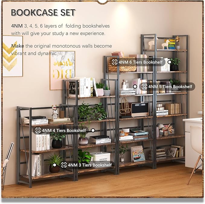 4NM No Assembly Foldable Bookshelf, 6-Shelf Collapsible Bookcase Storage for Small Spaces, 74" H, Rustic Brown and Black-Ruum Studio Home
