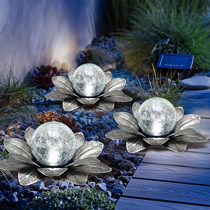 LEWIS&WAYNE Solar Garden Lights Outdoor, 3 Pcs Silver Gray Lotus Flower Pathway Lamps with Cool White Crackle Glass Globe Led Lights for Patio Pathway Yard Balcony Garden Decorations-Ruum Studio Home