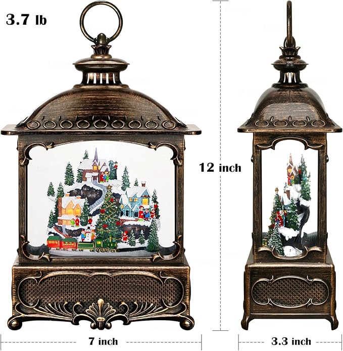 Christmas Snow Globe Lantern Christmas Decorations Gifts Snowy Village Scene Snowman Church Cabin Train Musical Glitter Snowfall USB/Battery Timer 12 inch-Ruum Studio Home
