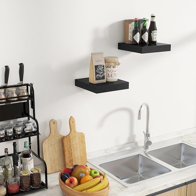 Fun Memories Floating Shelves for Wall 10 Inch, 10 Inch Deep Square Wall Shelves, Bathroom Storage Shelves Over Toilet, Wood Floating Shelves for Living Room Bedroom, Black, Set of 2-Ruum Studio Home