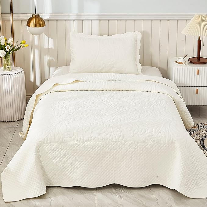 MarCielo 3-Piece 100% Cotton Oversized Bedspread Lightweight Quilt Coverlet Embroidery Farmhouse Bedding Set T0 (Bright White, Twin (68"x86"))-Ruum Studio Home