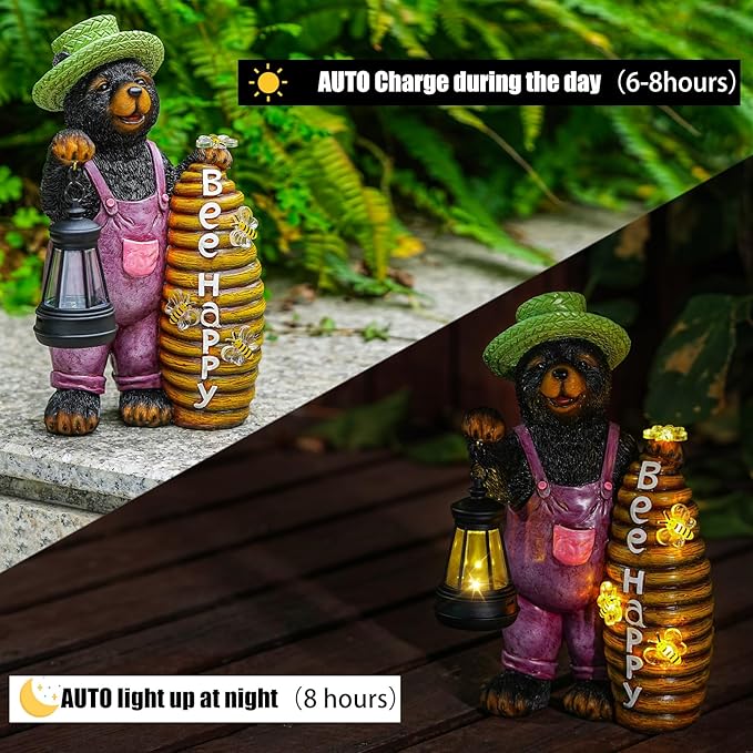Solar Adorable Bear Garden Statue with Beehive and Lantern - “Bee Happy” Resin Outdoor Decoration for Yard, Patio, or Home Decor-Ruum Studio Home