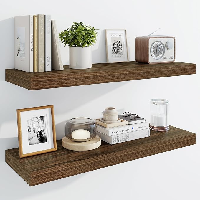 Marsmiles 30" Floating Shelves for Wall, Wooden Shelves with Invisible Brackets Set of 2, Rustic Farmhouse Wall Mounted Shelf for Kitchen Bathroom Living Room Study, Walnut-Ruum Studio Home