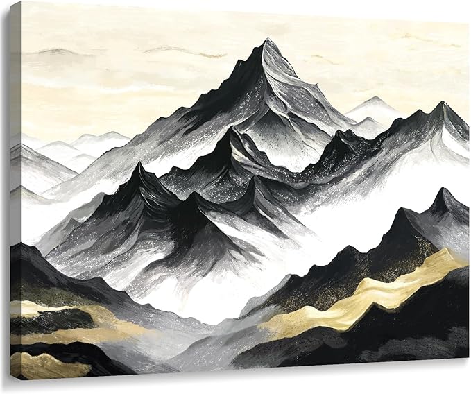 amatop Black and White Mountain Wall Art – Minimalist Modern Landscape Canvas Print Nature Scene Picture Bathroom Bedroom Office Wall Decor, Small Tranquil Misty Hills Zen Artwork for men, 16x12 Inch-Ruum Studio Home