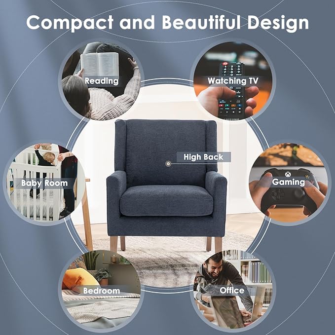COLAMY Modern Wingback Living Room Chair, Upholstered Fabric Accent Armchair, Single Sofa Chair with Lounge Seat and Wood Legs for Bedroom/Office/Reading Spaces, Blue-Ruum Studio Home