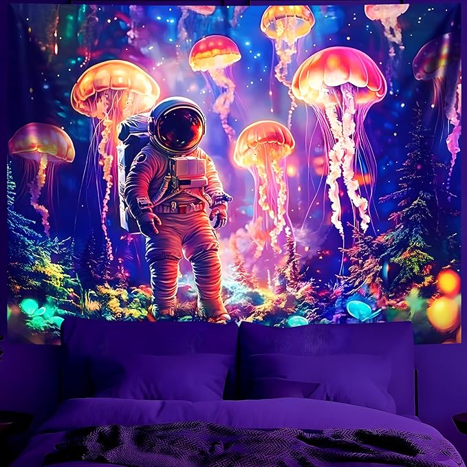 BVBOX Astronaut Blacklight Tapestry 79"x59", UV Reactive Astronaut Jellyfish Underwater World Glow in Dark Tapestries, Black Light Neon Upright Poster Wall Hanging Backdrop Decor for Bedroom Living Room-Ruum Studio Home
