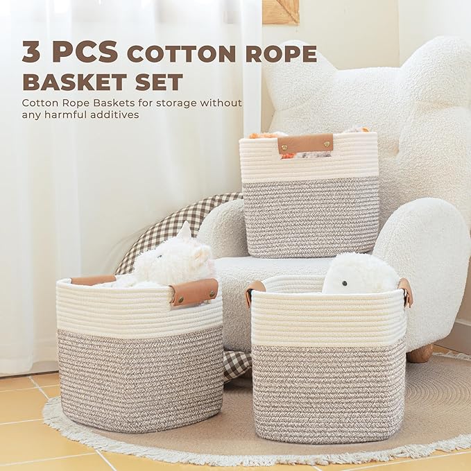 danpinera 11 Inch Storage Baskets, Woven Baskets for Organizing, 3 Pack Storage Cubes for Shelves, Closet, Nursery with Removable Leather Handles, White & Mixed Brown-Ruum Studio Home