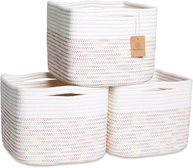 NaturalCozy Storage Cubes 9”x9”x7”Cotton Rope Woven Baskets for Organizing 3-Pack | 9 Inch Cube Storage Bin | Small Basket for Shelf Nursery, Pantry, Decorative Plant, Bathroom Closet, Toy Gift-Ruum Studio Home