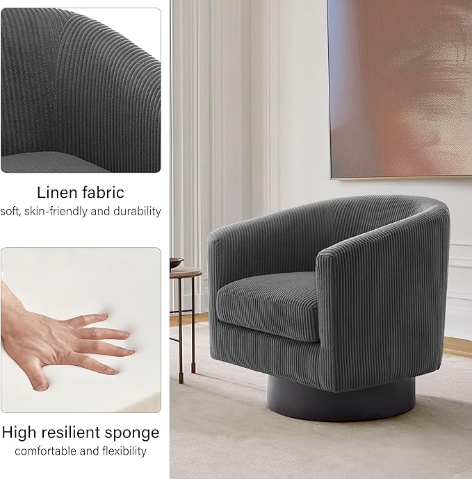 Swivel Barrel Accent Chair, Modern Round Corduroy Fabric Arm Chair for Living Room, Bedroom, Comfy Club Reading Chairs for Adults (Corduroy Grey, Set of 2)-Ruum Studio Home