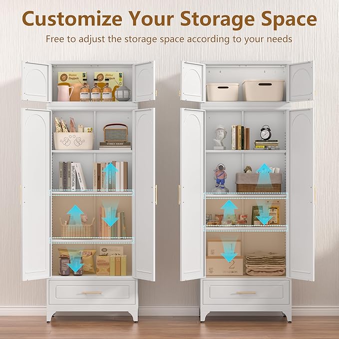 Kitchen Cabinet, 90" Tall Metal Pantry Cabinet, Freestanding Cupboards with One Drawer, Food Storage Cabinets for Dining, Living Room, White, 16" D x 32" W x 90" H, Assembly Required-Ruum Studio Home