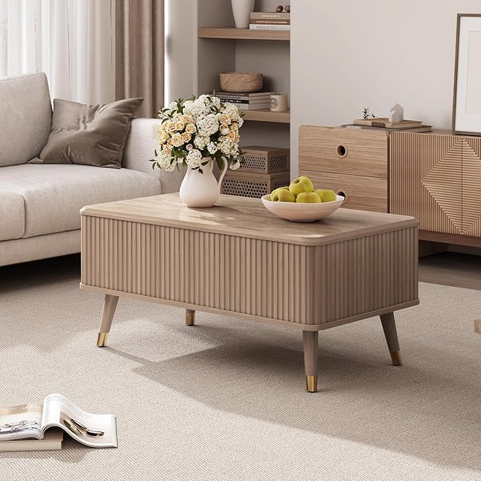 Lift Top Coffee Table with Storage Shelf & Hidden Compartment, Mid Century Modern Fluted Rectangle Dining Table for Living Room, Home Office, Natural Oak-Ruum Studio Home
