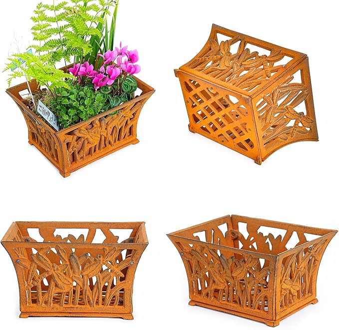 Sungmor Heavy Duty Cast Iron Planter Basket w/Non-Woven Growing Bag, Unique Shape & Beautiful Pattern Design, Hollow Orchid Flower Pot Garden Tools Holder, Full Rusted French Country Decor Container-Ruum Studio Home