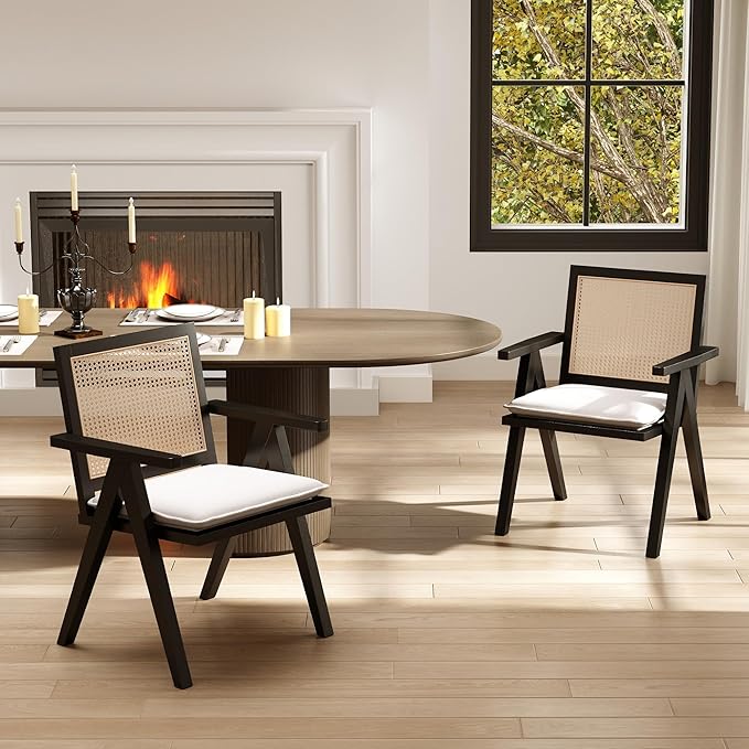 Rattan Dining Chairs Set of 2, Farmhouse Wicker Dining Chairs with Removable Linen Cushion Accent Cane Armchair for Dining Room Kitchen Restaurant, Black-Ruum Studio Home