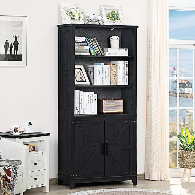 70in Tall Bookshelf 5 Tier Bookcase with Barn Doors and Adjustable Shelves, Black Farmhouse Book Shelf with Storage Cabinet, Wood Freestanding Display Bookshelves for Bedroom, Kitchen (2PCS)-Ruum Studio Home