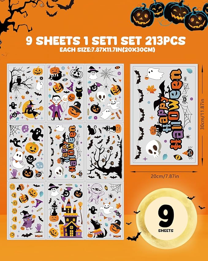 Halloween Window Clings - 9 Sheets 213 Pcs Happy Halloween Window Decorations Indoor for Home Party Eyes Pumpkin Ghost Bats Witch Stickers for Glass Double-Sided Removable Static Glass Decals-Ruum Studio Home