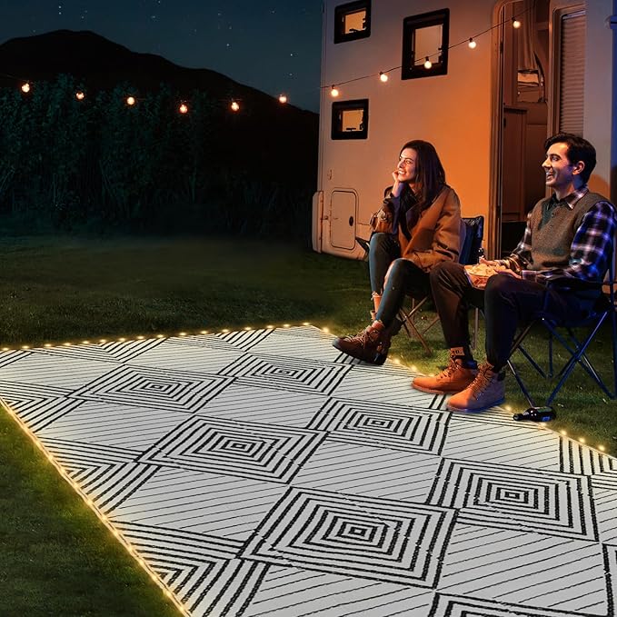 8x10ft Waterproof Outdoor Rug with LED Lights, Foldable Reversible Plastic Straw Mat for Patio RV Camping Picnic Balcony Beach Deck Indoor Outdoor Carpet, Black&White-Ruum Studio Home