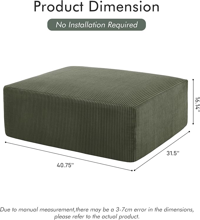 40" Square Stuffed Ottoman Pouf for Sofa Couch, Corduroy Poufs with Foam Chunk Filling, Furry & Fluffy Foot Stool Movable Ottoman. 40 * 31 Floor Poufs Foot Rest for Living Room, Green-Ruum Studio Home