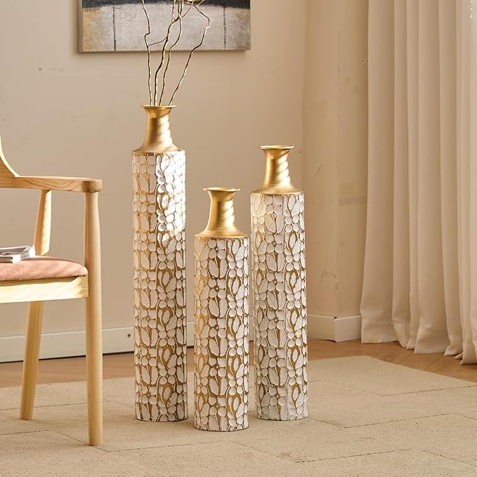 Medhansh Metal Floor Vase, Tall Floor Vase with Gold Twig Pattern, Antique White Finish (Set of 3)-Ruum Studio Home