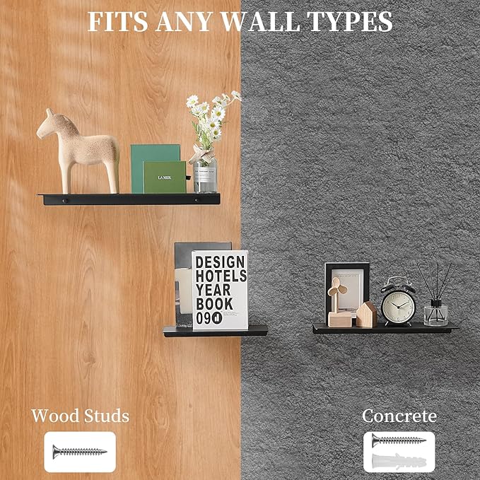 JOOM Black Floating Shelves for Wall Storage, Metal Wall Shelves for Living Room, Bathroom, Kitchen, 16” Display Shelves for Collectibles(2 PCS)-Ruum Studio Home