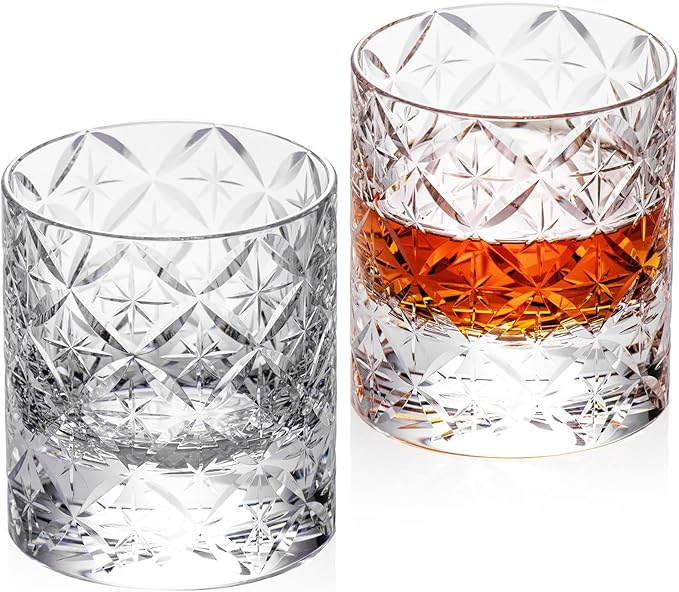 KAMMAK Crystal Whiskey Glasses Set of 2, Hand Blown 7.78oz Old Fashioned Glasses Stemless, Luxury Handcrafted Cocktail Glasses, Scotch Cup for Women, Men Gift for Rocks, Bourbon Barware, Bar-Ruum Studio Home