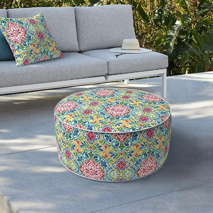 LVTXIII Indoor/Outdoor Inflatable Ottoman, D31 x H14 Inch Large Round Ottoman, All Weather Foot Rest Stool, Portable Footrest for Patio, Garden, Camping and Home - Damask Red-Ruum Studio Home