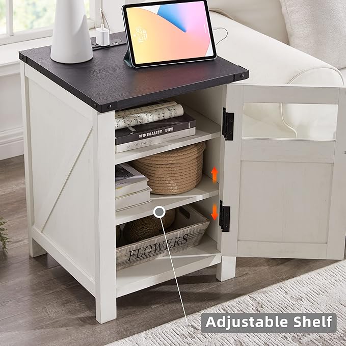 JXQTLINGMU Farmhouse End Table with Charging Station, 18'' Rustic Nightstand with Barn Door & Adjustable Shelf, Wooden Sofa Side Table with 3-Tier Storage for Living Room, Bedroom, White-Ruum Studio Home