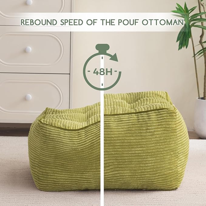 HIGOGOGO Square Stuffed Pouf Ottoman, Corduroy Poufs with Foam Chunk Filling, Furry and Fluffy Pouf Foot Stool Storage Ottoman, 25.6 X 25.6 Floor Poufs Foot Rest for Living Room, Green-Ruum Studio Home
