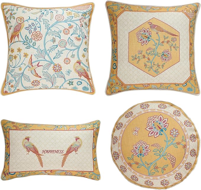 patdrea Design Yellow Linen Throw Pillow Covers Pack of 4, French Square Lumbar Round Pillowcase, Soft Durable Cushion Cases Pillowcase for Couch Bedroom Car Living Room 4 PCS-Ruum Studio Home