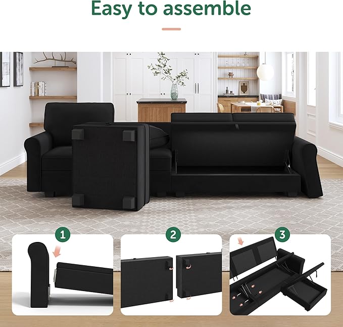 HONBAY Sectional Sofa with Storage Seat Velvet U Shaped Couch with Reversible Chaise Convertible Sectional Couches for Living Room,Black Velvet-Ruum Studio Home