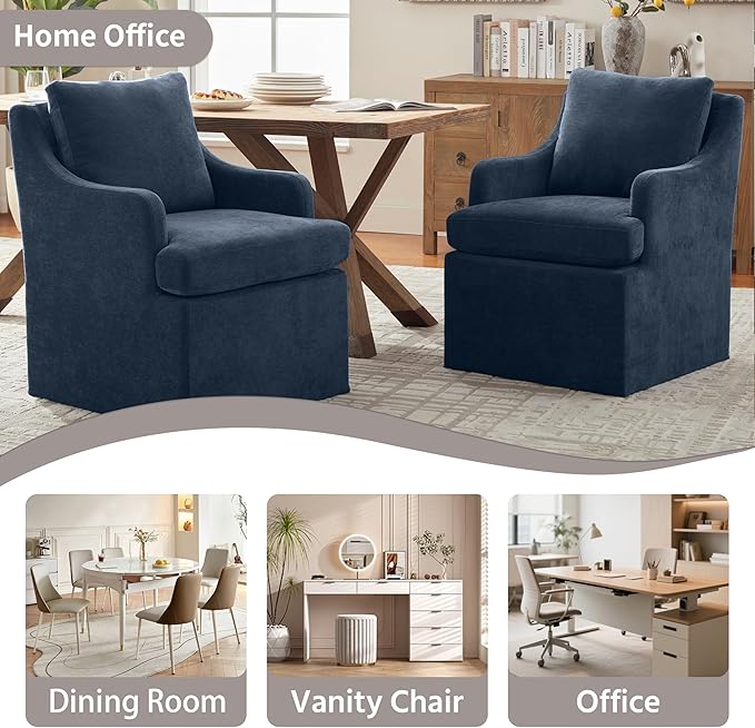 VKNOW Upholstered Dining Chairs Set of 2, Modern Kitchen Chairs Dinner Chairs with 4 Casters, Linen Armchair for Bedroom Reading Room Living Room, Navy-Ruum Studio Home
