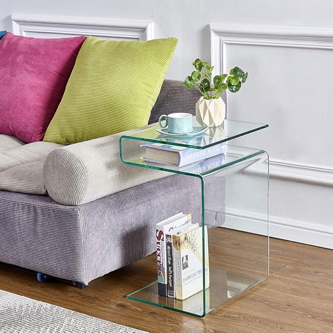 Glass Nightstand,Side Table,S-Shaped End Table for Living Room,Bedside Table for Bedroom (Clear)-Ruum Studio Home