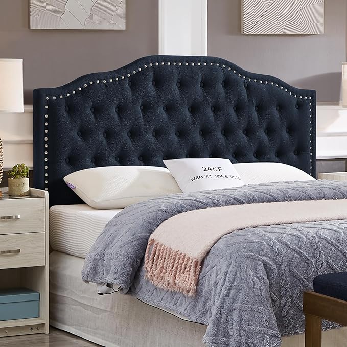 24KF Upholstered Button Tufted Queen Headboard with Nailhead Trim, Elegant Boucle Fabric Full headboard, 6031-Q-Boucle-Navy-Ruum Studio Home