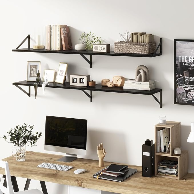 Floating Shelves 55 Inch Long, 10" Deep Floating Shelves, Black Wall Shelves 55 x 10, Set of 2, Wide Large Display Storage Shelves for Bathroom, Living Room, Rustic Wood Shelves with Brackets-Ruum Studio Home